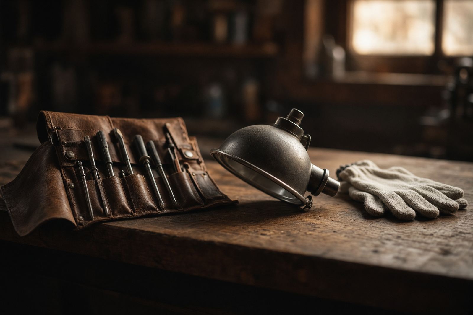Un établi de maintenance, lampe et outils